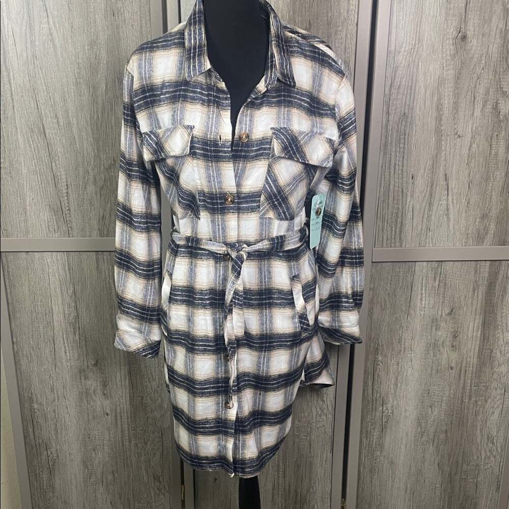 New! CiSono Plaid Collection Plaid Flannel Tie Waist Shirt Dress Women's L